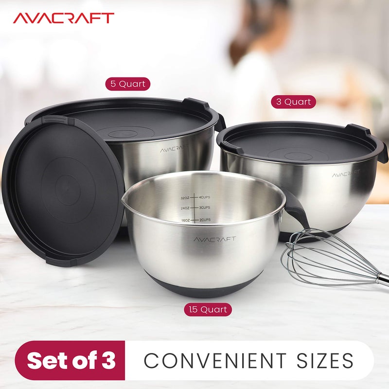 AVACRAFT 18/10 Stainless Steel Mixing Bowls with Lids, non slip silicone base bowls with Handle, Mixing Bowl Set with Pour Spouts & Measurement Marks, Home Essentials Cooking Bowls, (Black) - Image 2